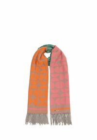 Wollschal mit geometrischem Muster in Orange und Pink auf grauem Hintergrund, mit Fransenverzierung an den Enden und einem türkisfarbenen Akzent.