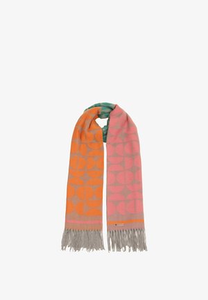 Wollschal mit geometrischem Muster in Orange und Pink auf grauem Hintergrund, mit Fransenverzierung an den Enden und einem türkisfarbenen Akzent.
