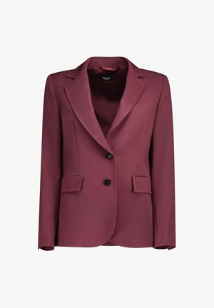 Blazer bordeaux realizzato in tessuto testurizzato, caratterizzato da revers a punta, due tasche frontali e due bottoni neri sul davanti.