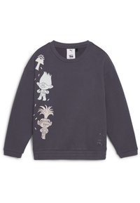 Sudadera gris oscuro de manga larga, con gráficos de trolls juguetones en colores claros en la parte delantera. Tiene un cuello redondo y un detalle del logo en tono similar.