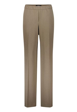 Beige gerade geschnittene Hose mit flacher Vorderseite und elastischem Bund aus glattem Stoff.