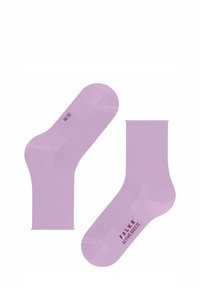 Helle lila Knöchelsocken mit glatter Textur. Merkmale sind verstärkte Zehen, Fußgewölbeunterstützung und Branding an der Seite.