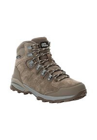 Scarponcini da trekking marroni con tomaia in suede, dettagli in rete, occhielli in metallo e suola in gomma resistente con motivo di trazione.