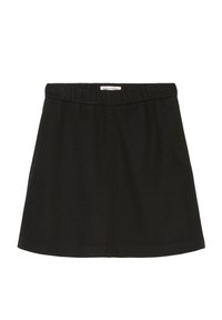 Falda negra con una textura suave, que presenta una cinturilla elástica y un diseño A-line sencillo. Sin patrones visibles ni detalles de hardware.