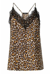 Camisole à imprimé léopard avec des bretelles fines, ornée d'une dentelle noire le long de l'encolure. Le matériau semble lisse avec une texture légère et fluide.