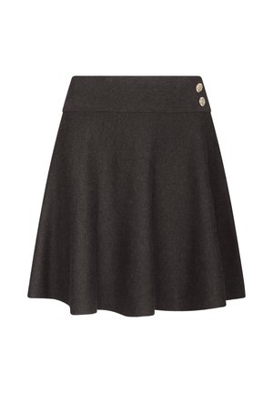 Svart utsvängt skjørt laget av mykt stoff, med en glatt midjebånd og to dekorative metallknapper på høyre side.