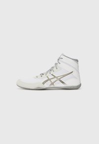 White athletic shoe with a mid-cut design, mesh and synthetic upper, gray accents, textured sole, and a patterned side detail.