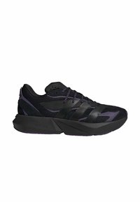 Black and purple athletic shoes with a mesh upper, sleek design, textured accents, and a thick black sole featuring "Lightstrike" branding.