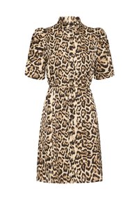 Robe à imprimé léopard en beige et marron, manches bouffantes courtes, devant à boutons, taille cintrée avec lien, texture de tissu lisse, longueur genoux.