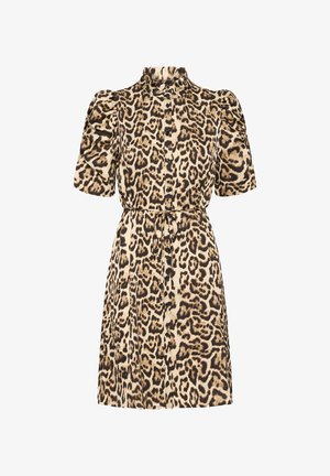 Leopardenmuster-Kleid in Beige und Braun, kurze Puffärmel, Knopfleiste, tailliert mit Bindeband, glatte Stoffstruktur, knielang.