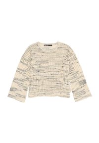 Cremfarbener Pullover mit lockerer Passform, der ein strukturiertes Strickdesign mit dunkelblauen Streifen und weiten Ärmeln aufweist. Schlichter runder Ausschnitt, cropped Länge.