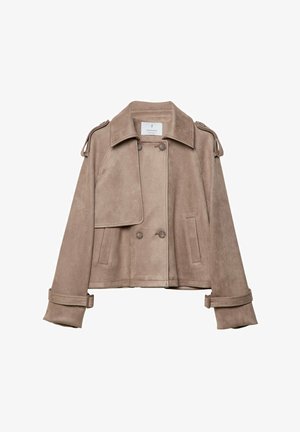 Beige Wildlederjacke mit doppelter Knopfleiste, breitem Kragen und Schulterklappen. Verfügt über große Knöpfe und einen Gurt an den Ärmelbündchen, kurzes Design.