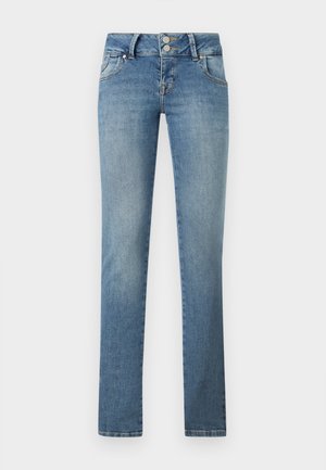 Jean droit en denim bleu avec une taille haute, deux poches avant et une fermeture à double bouton.