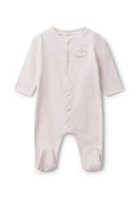 Pijama de algodón rosa para bebé con mangas largas, botones a presión en la parte delantera y diseño con pies que presenta un conejo bordado y un corazón.