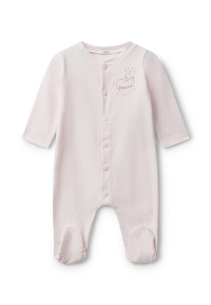 Rosa Baumwollbabykombination mit langen Ärmeln, Druckknöpfen vorne und Fußdesign, das einen gestickten Hasen und ein Herz zeigt.