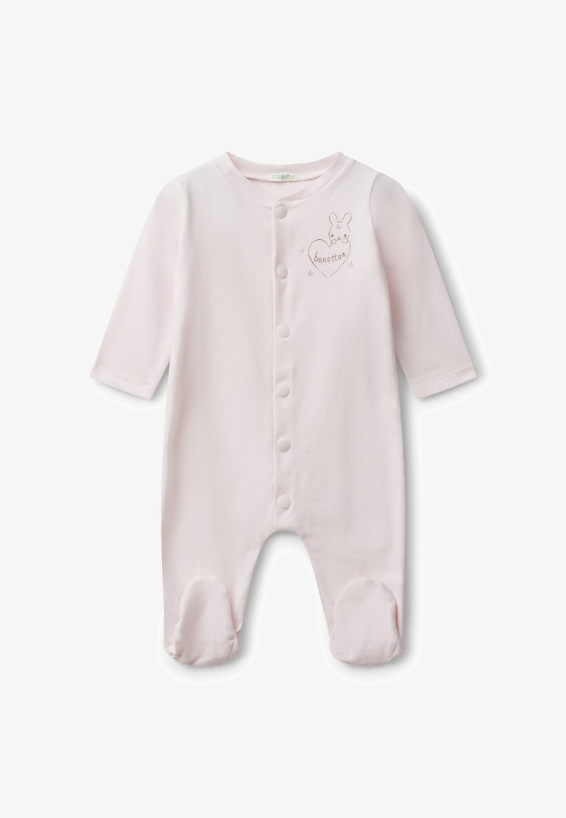Grenouillère en coton rose pour bébé avec des manches longues, des boutons-pression sur le devant et un design avec pieds, orné d'un lapin brodé et d'un cœur.