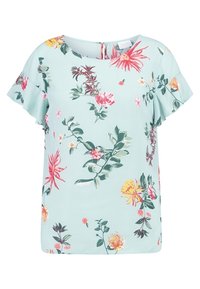 Světle modrý květinový top s krátkými volánkovými rukávy, zdobený živými růžovými, žlutými a zelenými botanickými vzory. Kulatý výstřih, volný střih.