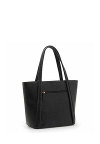 Sac fourre-tout en cuir noir avec une texture granuleuse, deux longues poignées et une poche zippée à l'avant. Dispose d'un design structuré et angulaire.