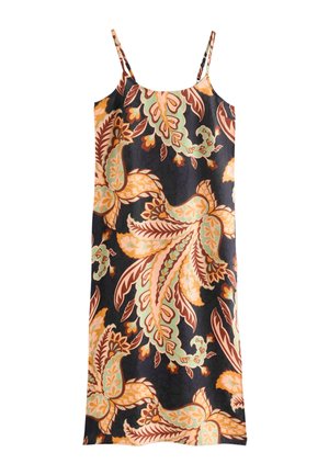 Abito midi senza maniche con spalline sottili, con un grande motivo floreale e paisley multicolore in arancione, marrone e verde su sfondo scuro.