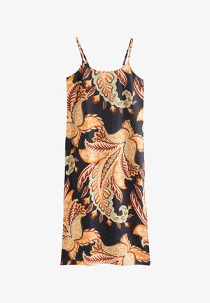 Abito midi senza maniche con spalline sottili, con un grande motivo floreale e paisley multicolore in arancione, marrone e verde su sfondo scuro.