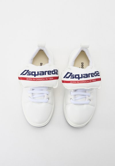 White sneakers with a smooth leather finish, featuring a padded tongue with "Dsquared2" logo and red stripe, flat white laces, and round toe.