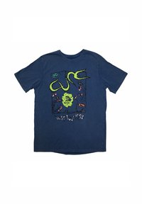 Navy blue cotton t-shirt featuring a colorful graphic design with green text and cartoon eyes, labeled "Wish Tour 1992." Short sleeves, crew neck.
