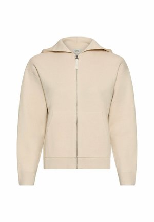 Beiger Kapuzenpullover mit Reißverschluss, Fronttaschen und gerippten Bündchen, dargestellt vor einem einfarbigen weißen Hintergrund.