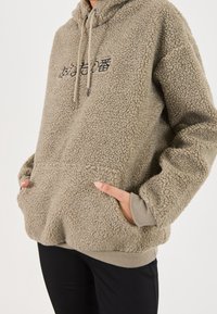 Miękki beżowy hoodie wykonany z pluszowego materiału, z kieszenią z przodu, kapturem ze sznurkiem i tekstowym detalem na klatce piersiowej. Rękawy i dół wykończone ściągaczem.