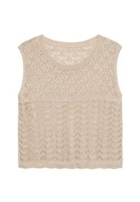 Top de punto en beige con intrincados patrones de encaje, escote redondo y dobladillo ondulado. Diseño sin mangas con un acabado texturizado.