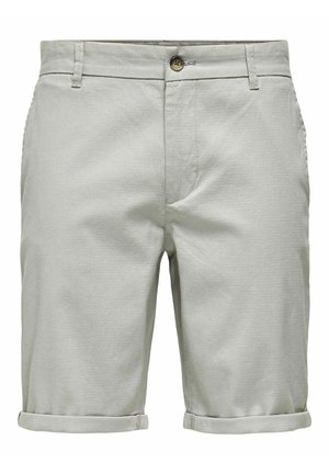 Lichtgrijze katoenen shorts met een gestructureerd patroon, voorzien van zijzakken, een opgerolde zoom en een enkele knoopsluiting bij de taille.