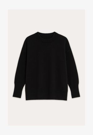 Mustast kootud kampsun ümarate kaelusekujude, langevate õlgade ning soonikkoes varrukate ja äärega. Sile tekstuur ja lahtise lõikega disain.