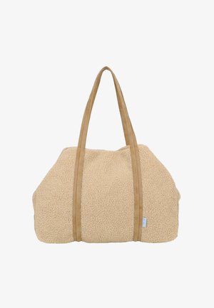 Beige shearling tote bag with two tan leather straps and stitching accents; large, rounded shape with a soft, textured surface.