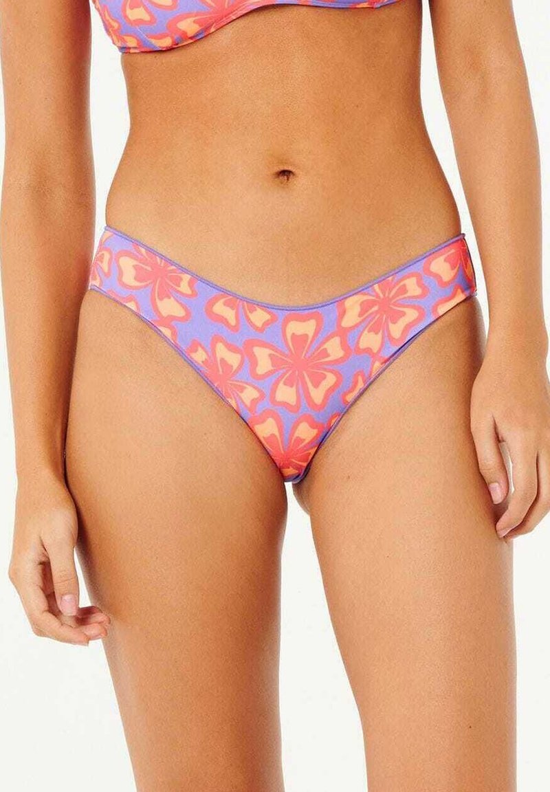 Bikini-Unterteil aus zwei Farbnuancen lila mit floralem Muster in Pink und Orange. Niedrig geschnittenes Design mit glatten Kanten.