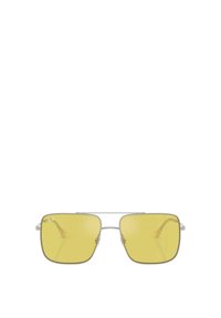 Occhiali da sole a forma quadrata con lenti gialle, montatura in metallo argentato, stanghette sottili e logo sottile sul lato sinistro della lente.