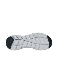 Suela exterior de zapatilla de color gris claro con detalle de goma negra. Presenta un patrón de tracción en forma de rejilla, forma contorneada y bordes ligeramente elevados.