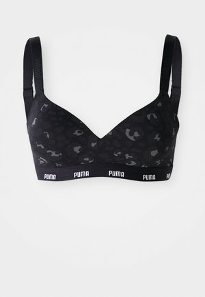 Sutiã preto da Puma com padrão animal subtil, alças ajustáveis e banda elástica com marca sob os copos.