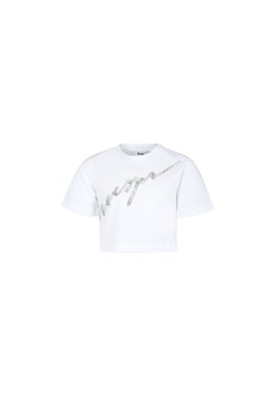 Witte, cropped t-shirt van katoen met korte mouwen, voorzien van een glinsterend zilveren logo ontwerp op de voorkant.