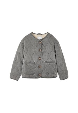 Graue gesteppte Jacke mit rundem Halsausschnitt, vorderen Knöpfen, zwei Fronttaschen und weichem Innenfutter.
