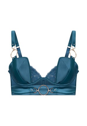 Soutien-gorge en satin turquoise avec bordure en dentelle, armatures, éléments décoratifs dorés, bretelles larges réglables et détail circulaire à l'avant.