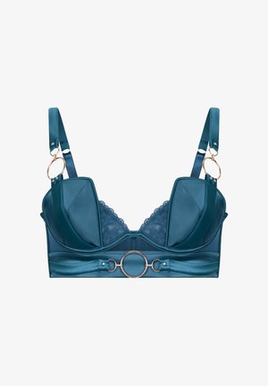 Teal satijnen beha met kanten rand, beugelondersteuning, gouden metalen details, brede verstelbare bandjes en een cirkelvormig detail aan de voorkant.