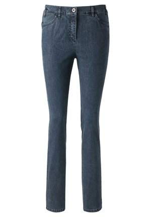 Dunkelblaue Denim-Jeans im Slim-Fit, mit fünf Taschen und einem Knopfverschluss. Sie weisen eine subtile Textur auf und haben einen leichten Schlag am Knöchel.