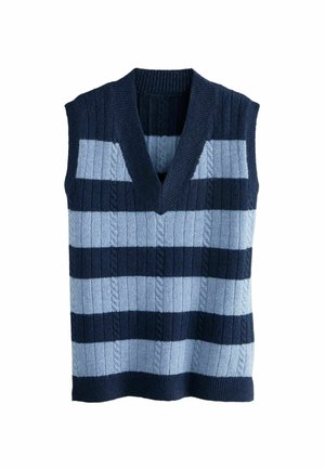 Gilet sans manches en tricot avec larges rayures horizontales bleu marine et bleu clair, col en V et texture tricot torsadé.