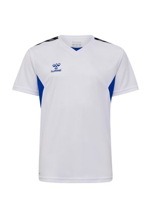 Witte sportshirt met blauwe zijkanten. Beschikt over een V-hals ontwerp, korte mouwen en het "hummel" logo op de borst. Gemaakt van ademend materiaal.