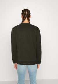 Felpa di cotone verde scuro con colli a giro, polsini e orlo a coste. Indossata con jeans azzurri, vista da dietro.