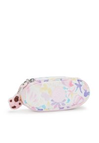 Dragkedjefodral för pennor, oval form, tillverkat av genomskinlig plast med ett pastellfärgat blommönster. Har en rosa dekorativ charm fäst.