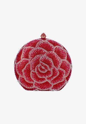 Geantă plic roșie în formă de trandafir, împodobită cu pietre strălucitoare multicolore. Siluetă rotundă cu închizătoare superioară, având detalii florale complexe.
