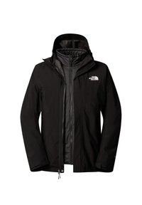 Veste noire North Face à double couche, zips à l'avant, col montant et logo sur la poitrine gauche sur fond blanc.