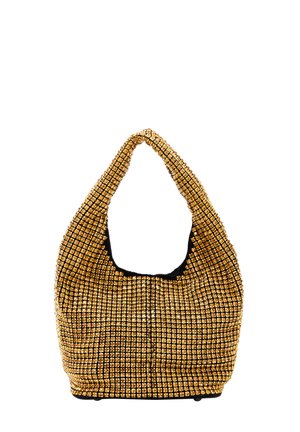 Gylden, paljettbesat hobo-taske med en glat, sort indvendig foring. Rund, knyttet rem og blød, struktureret form. Har metallisk glans over det hele.