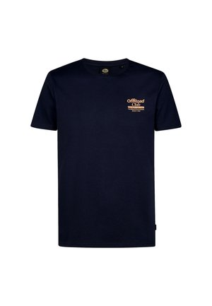 T-shirt bleu marine à manches courtes avec petit logo et texte orange « Offroad Club » sur le côté gauche de la poitrine.