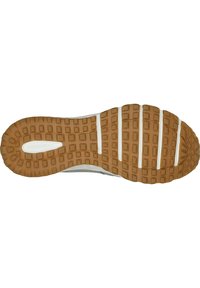 Suela de zapato de goma con una superficie estriada y texturizada. Presenta un color marrón con rayas blancas y un patrón elevado para mejorar el agarre.